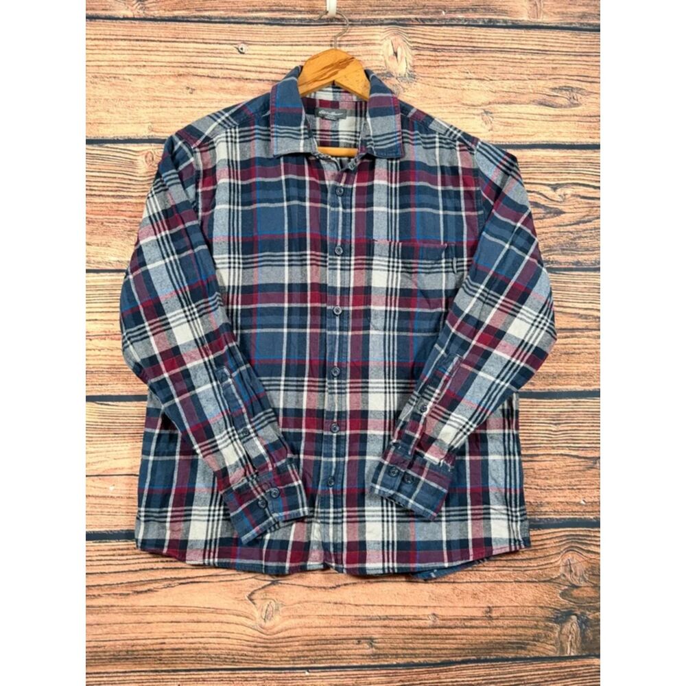 Eddie Bauer Men's Large Navy Burgundy Plaid Cotton Flannel Shirt 4724